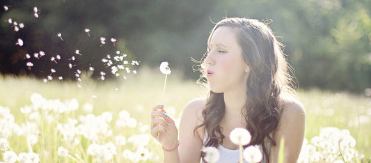 woman blowing dandelions in field