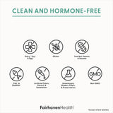 Icons representing clean and hormone-free attributes with Fairhaven Health branding on a white background.