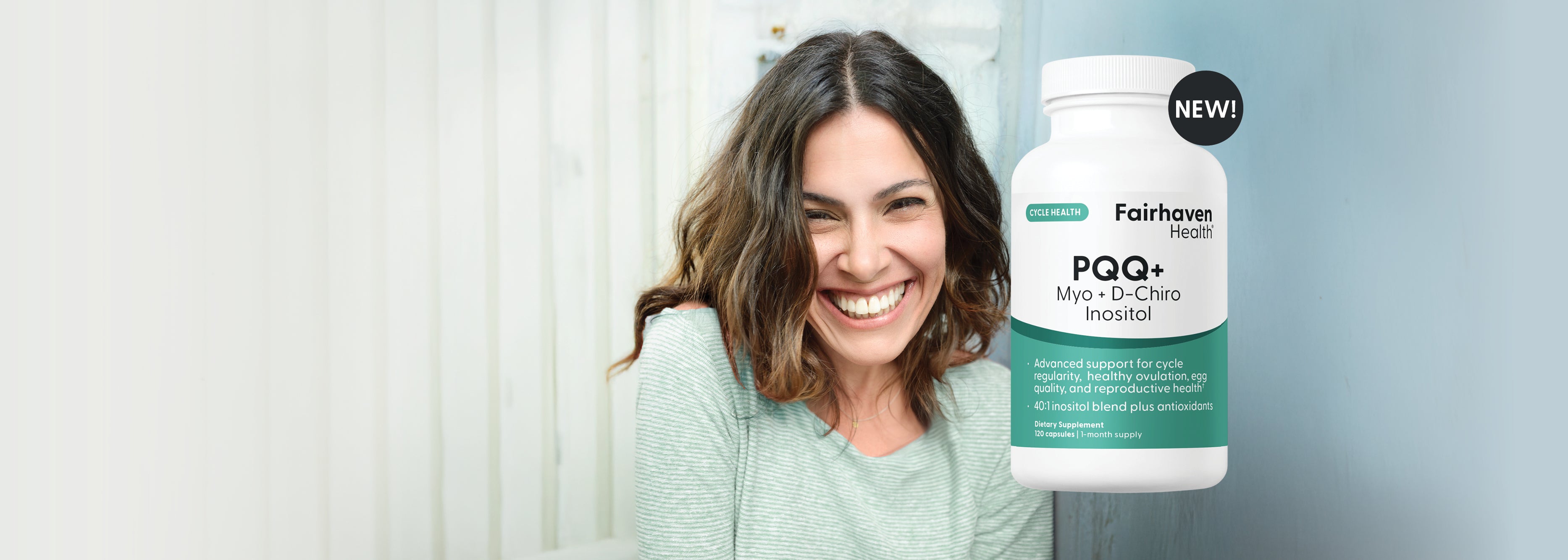 Woman with a bottle of Fairhaven Health PQQ+ supplement.