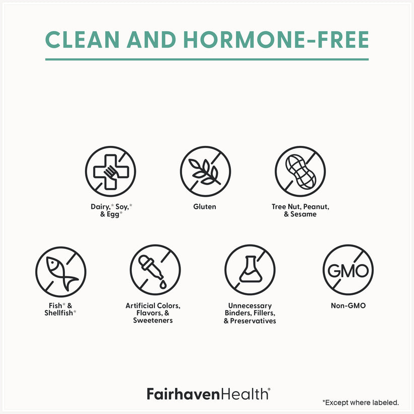Clean and hormone free fertility, prenatal, postnatal, and menopause supplements by Fairhaven Health.