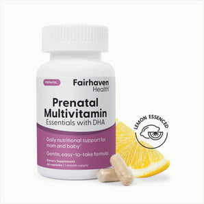 Fairhaven Health Prenatal Multivitamin Essentials with DHA supplement with lemon essence.