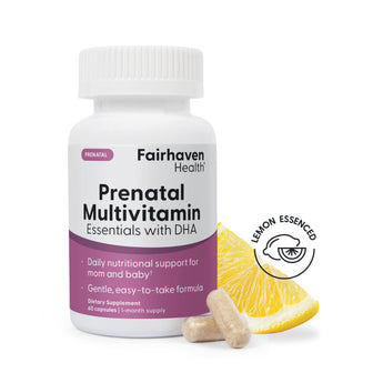 Fairhaven Health Prenatal Multivitamin Essentials with DHA supplement with lemon essence.