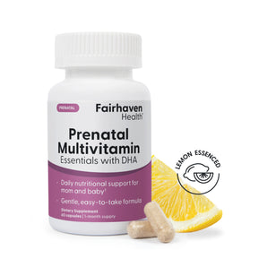 Fairhaven Health Prenatal Multivitamin Essentials with DHA supplement with lemon essence.
