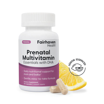 Fairhaven Health Prenatal Multivitamin Essentials with DHA supplement with lemon essence.