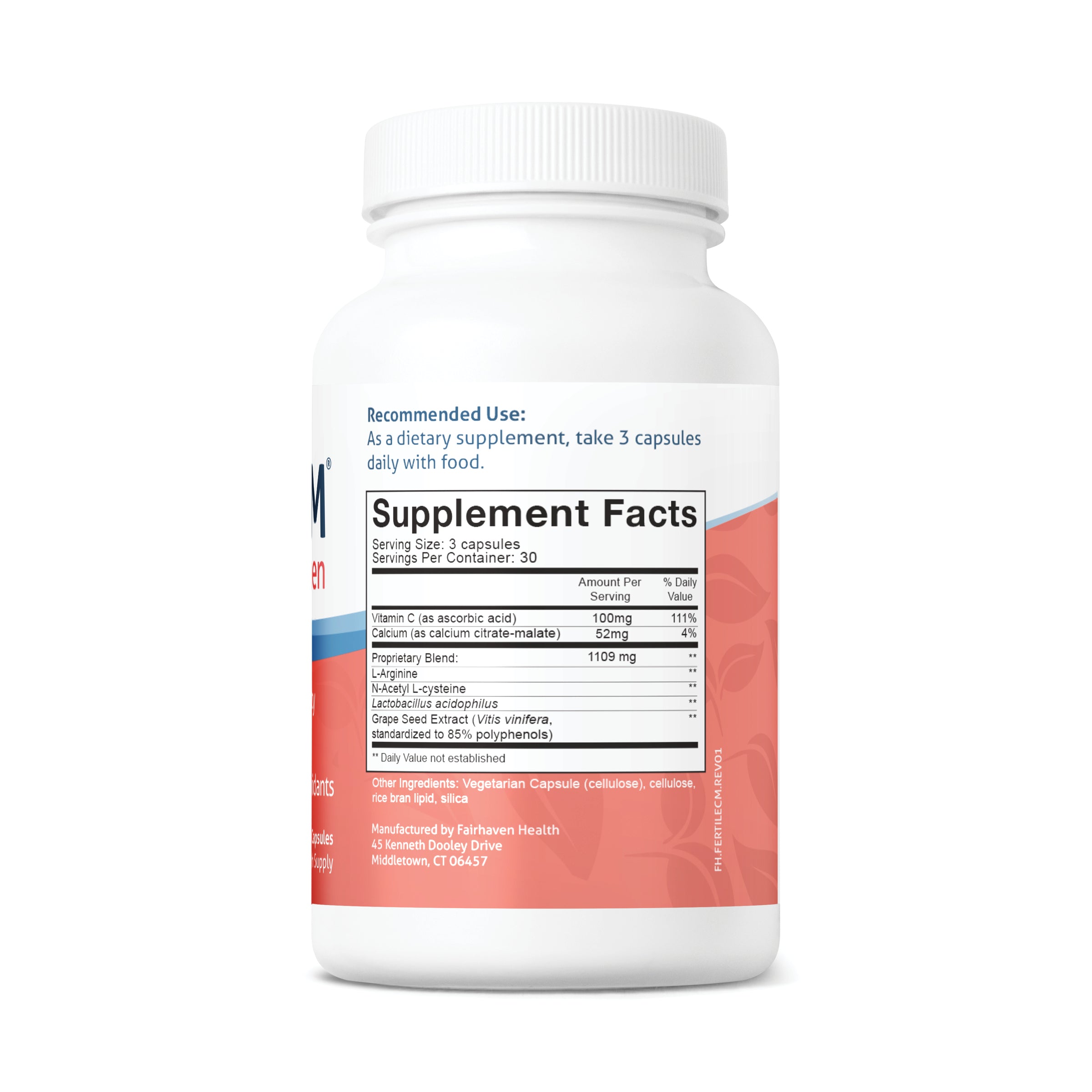 Fairhaven Health FertileCM Cervical Mucus Supplement Supplement Facts on bottle.