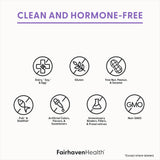 Icons representing clean and hormone-free attributes with Fairhaven Health branding on a white background.