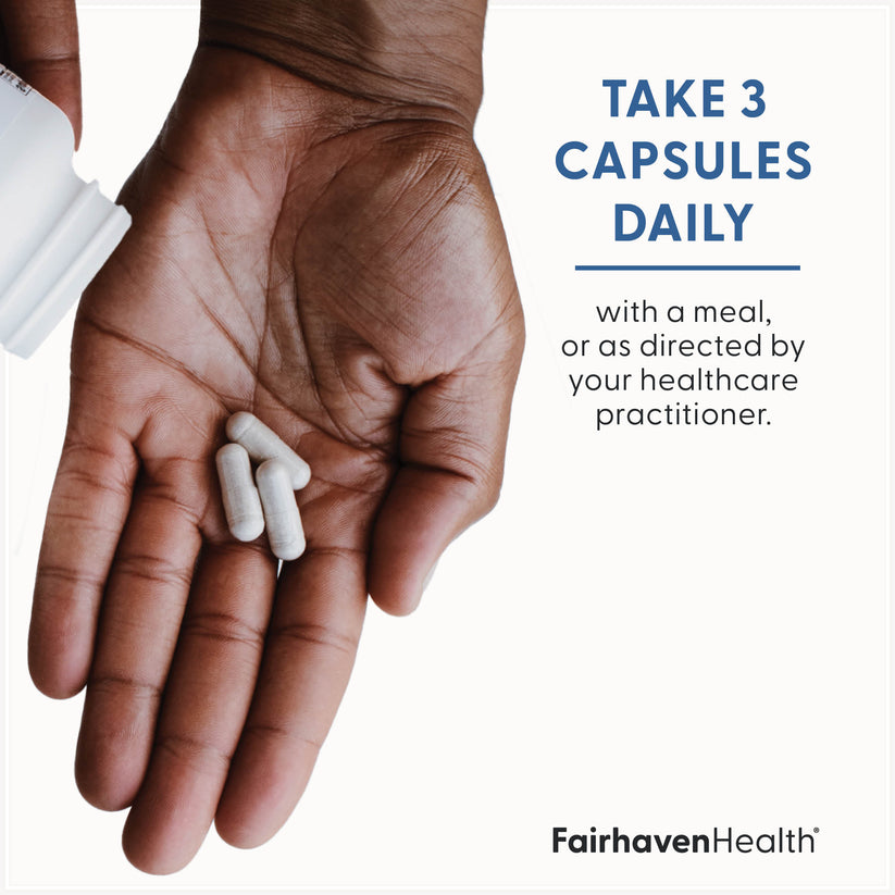 Fairhaven Health FertilAid® Multivitamin For Men suggested use: take three capsules daily with a meal or as directed by your healthcare practitioner.