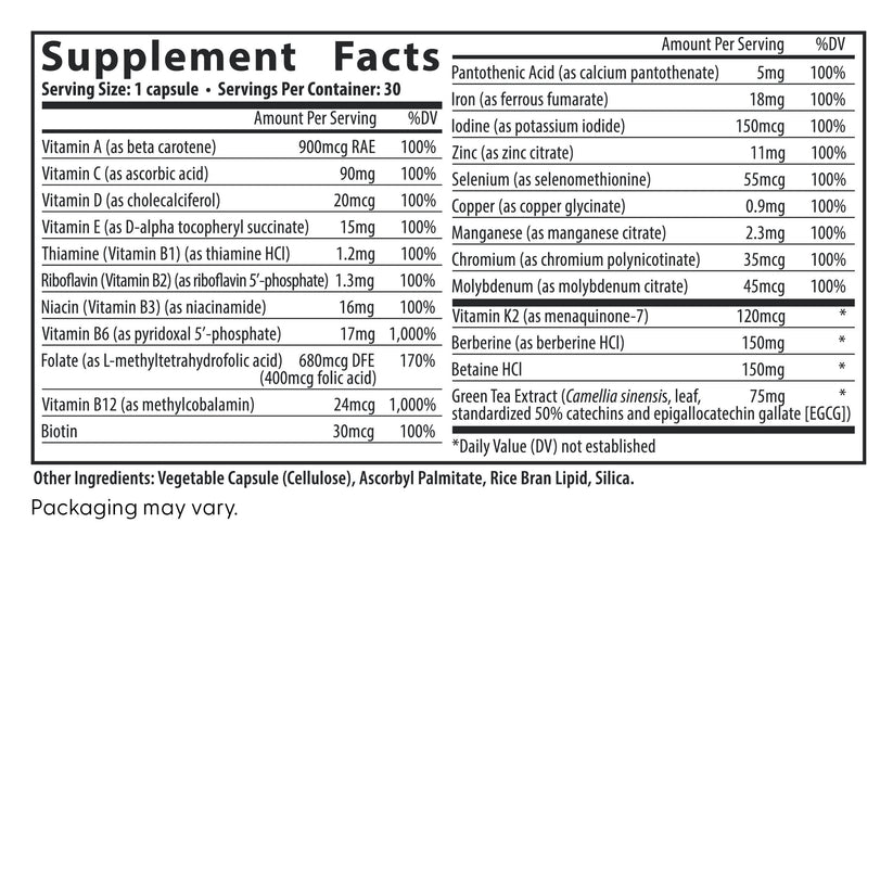 Fairhaven Health Menopause Multivitamin Essentials supplement facts.