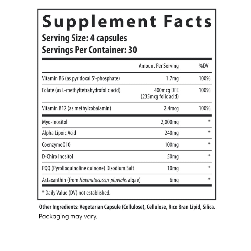 Fairhaven Health PQQ+ Myo + D-Chiro Inositol supplement facts.