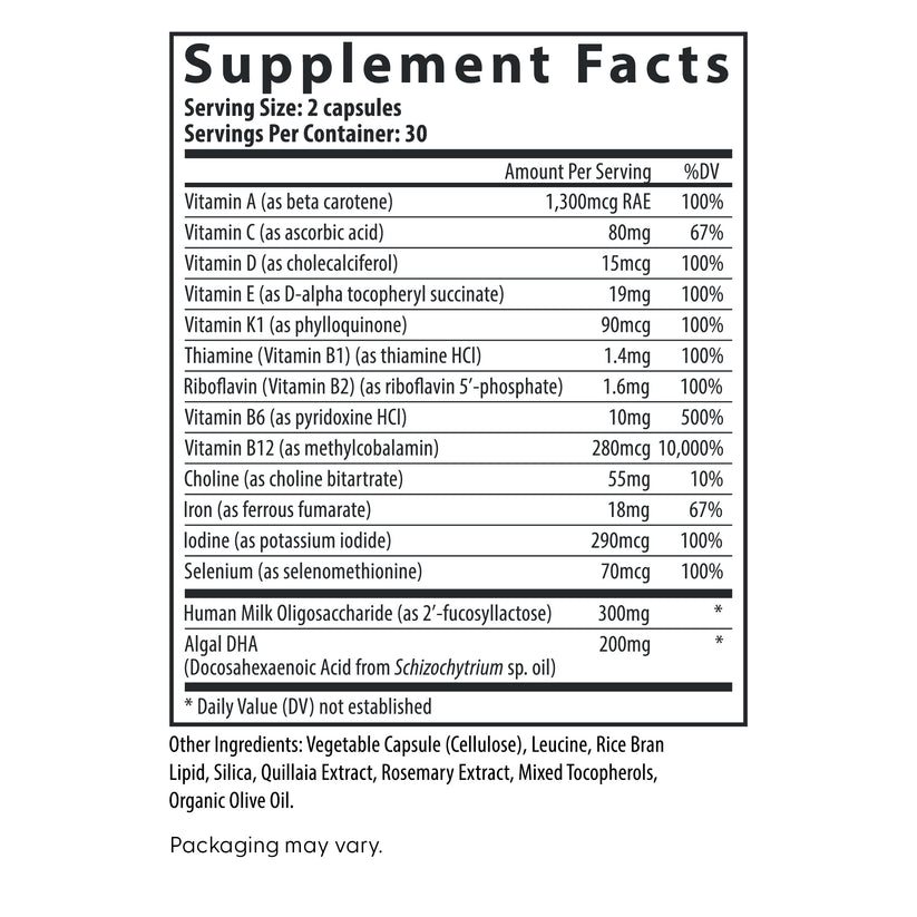 Fairhaven Health Postnatal Multivitamin supplement facts.