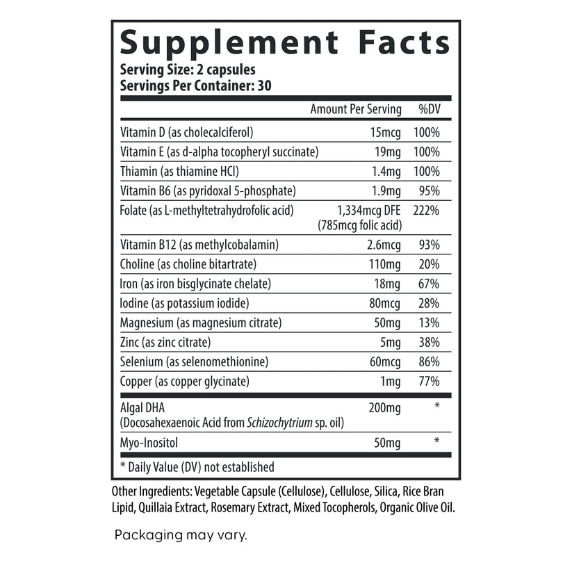 Fairhaven Health Prenatal Multivitamin Essentials with DHA supplement facts.