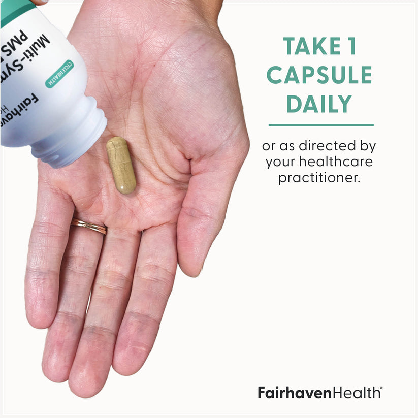 Fairhaven Health Multi-Symptom PMS Relief supplement suggested use: take one capsule daily or as directed by your healthcare practitioner.