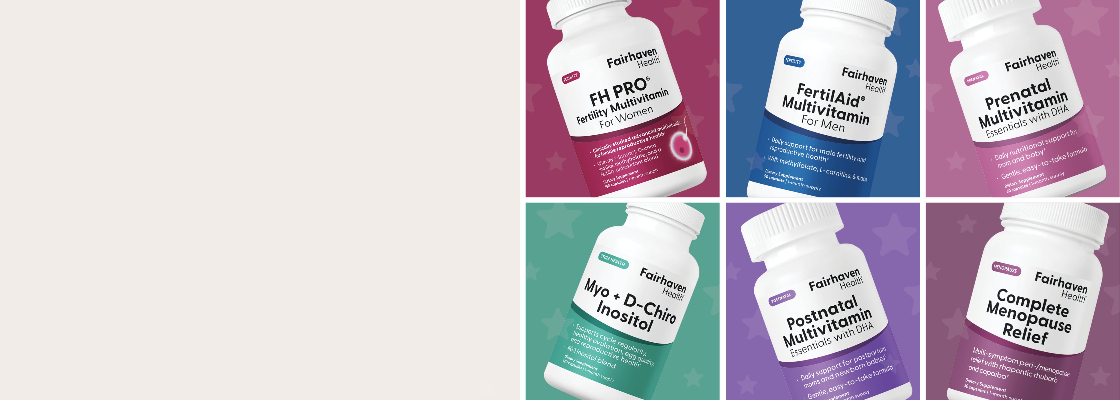 Collage of Faihaven Health supplements for reproductive health. It's our BFCM sitewide savings event. save 20% with code BFCM2025 at checkout.