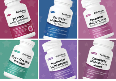 Collage of Fairhaven Health multivitamin and supplements bottles on a colorful background